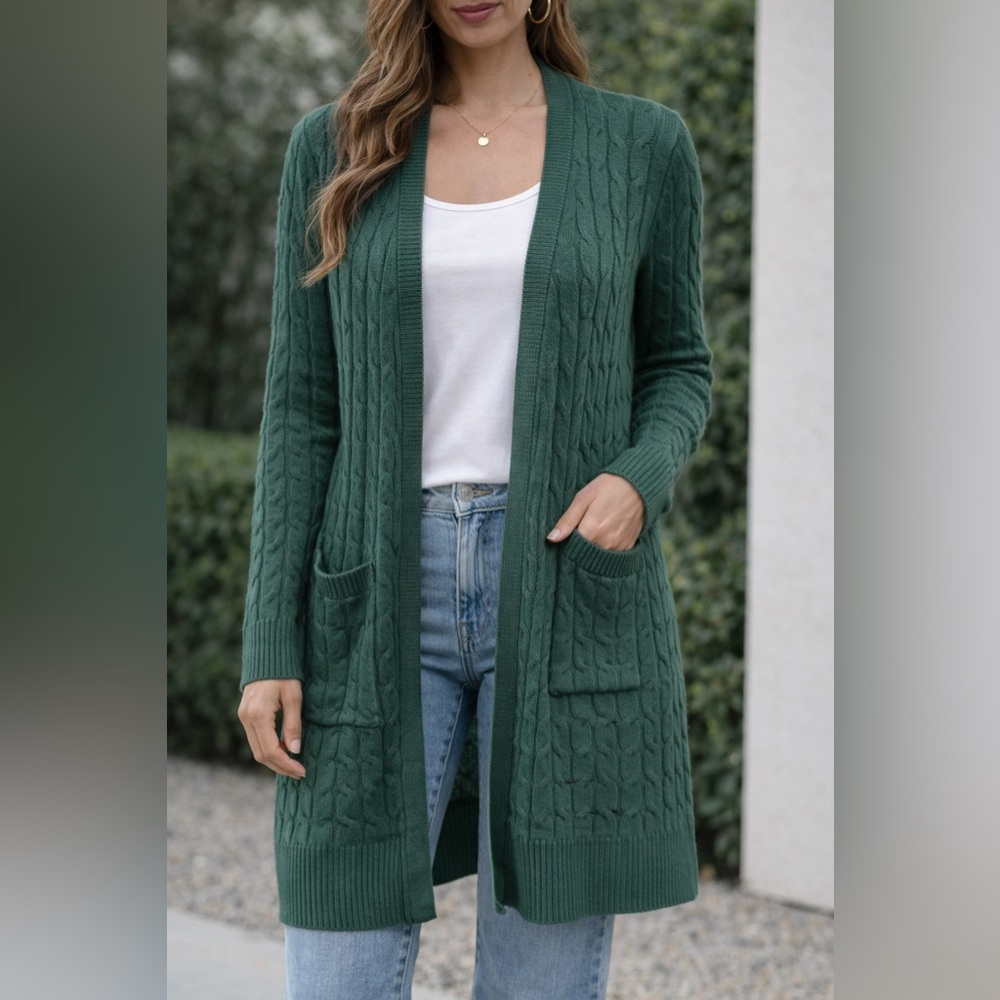 cleo Dark Green Cable Knit Open Front Cardigan